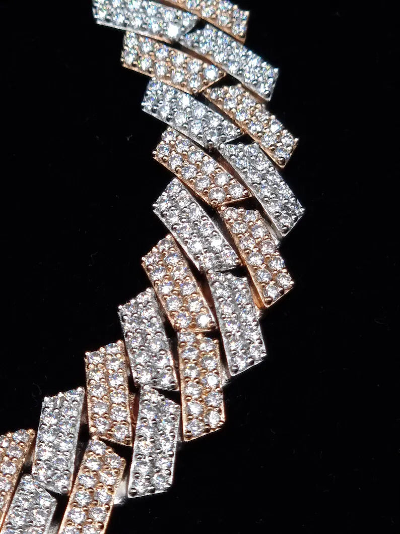 Vs1 Iced Out Prong Set Two Tone Rose & White Gold 2 Row 13mm Cuban Link Necklace