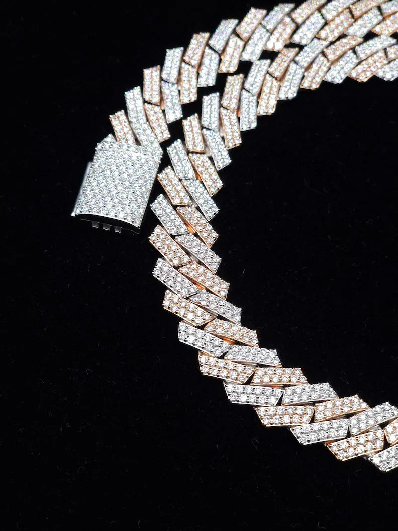 Vs1 Iced Out Prong Set Two Tone Rose & White Gold 2 Row 13mm Cuban Link Necklace