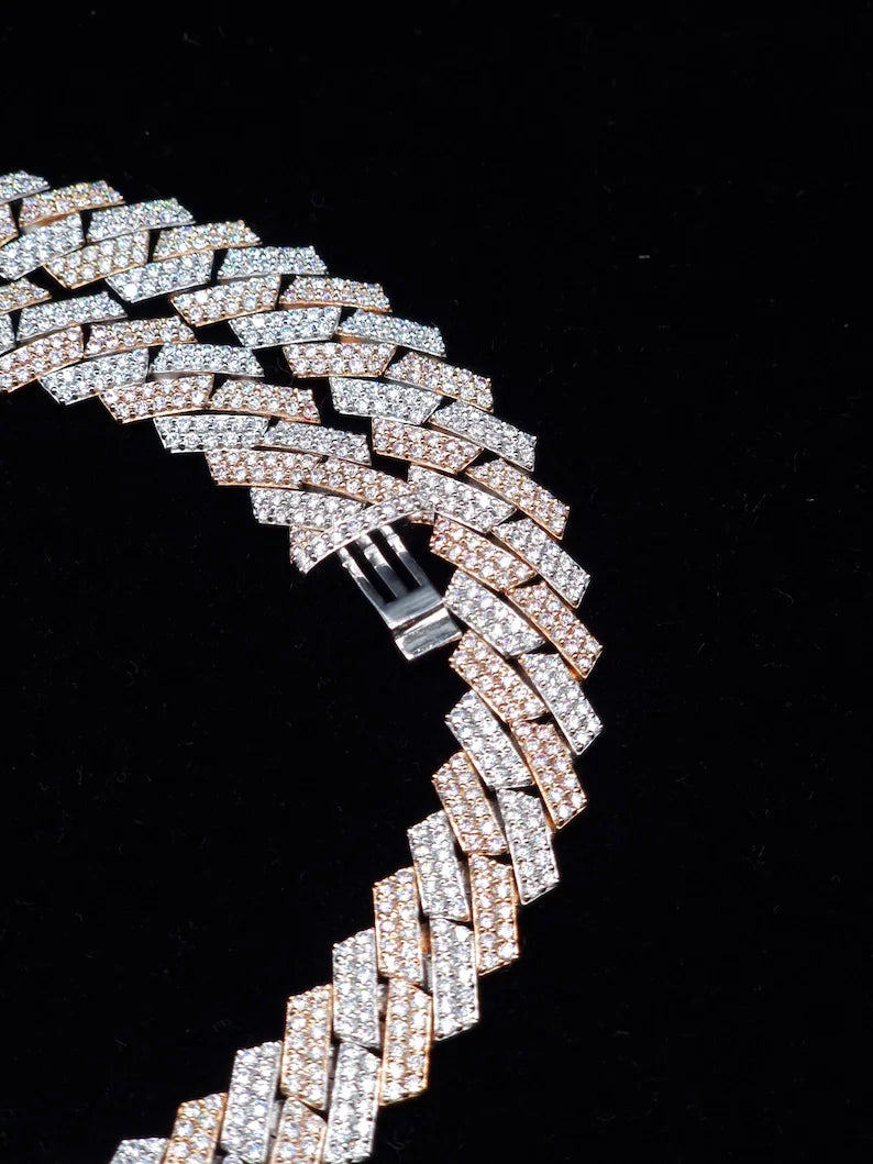 Vs1 Iced Out Prong Set Two Tone Rose & White Gold 2 Row 13mm Cuban Link Necklace