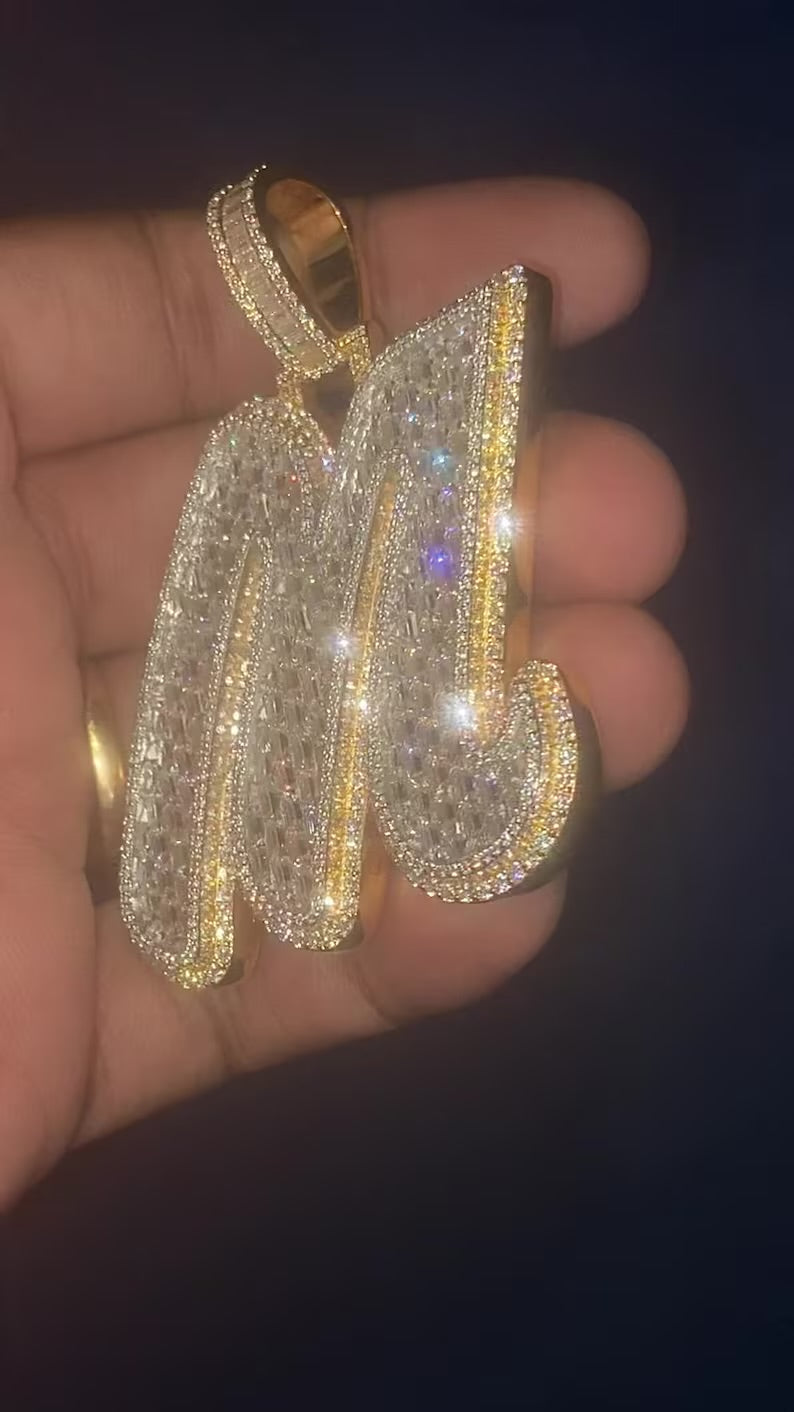 Custom Emerald Cut Two Tone Iced Out Initial Pendant