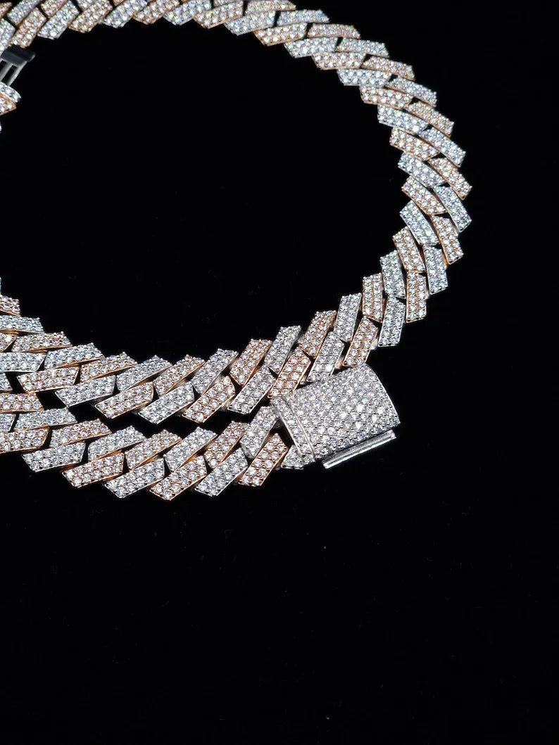 Vs1 Iced Out Prong Set Two Tone Rose & White Gold 2 Row 13mm Cuban Link Necklace