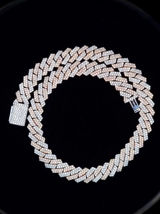 Vs1 Iced Out Prong Set Two Tone Rose & White Gold 2 Row 13mm Cuban Link Necklace